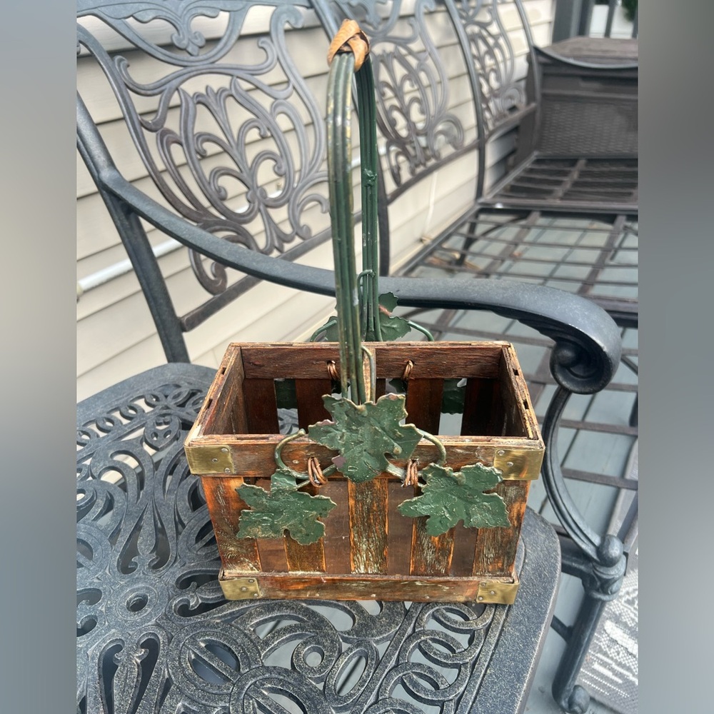 Vintage Rustic Wooden Wine Basket with Green Leaf Accents